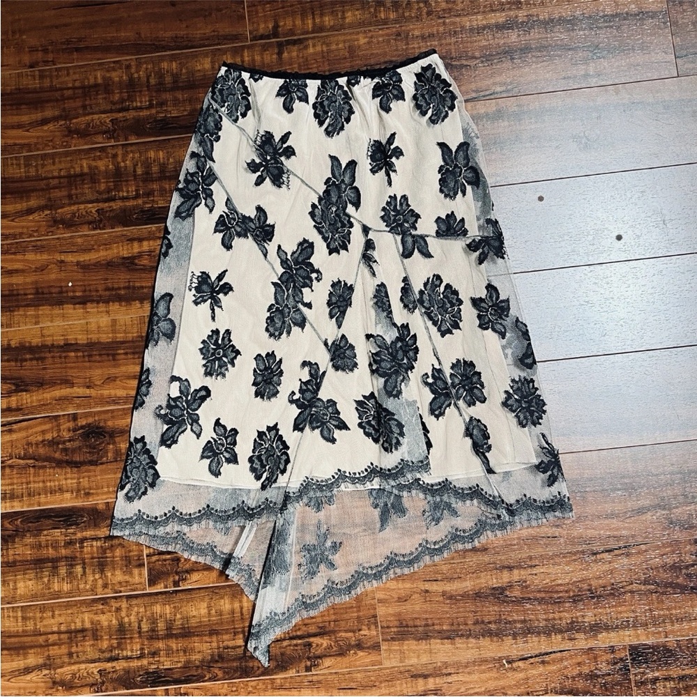 Tom K Nguyen Vintage Sheer Floral Lace Overlay Midi Skirt in Black and Cream L